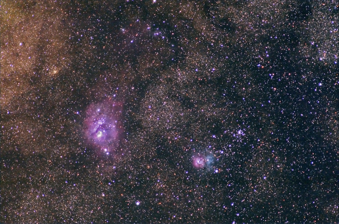 M8 et M20, observatoire des pises (Gard, 1300m).  Post traitement iris et photoshop.  Nikon D70 en mode 3 et objectif 300 mm a 400 asa avec 3x5 mn de poses..jpg